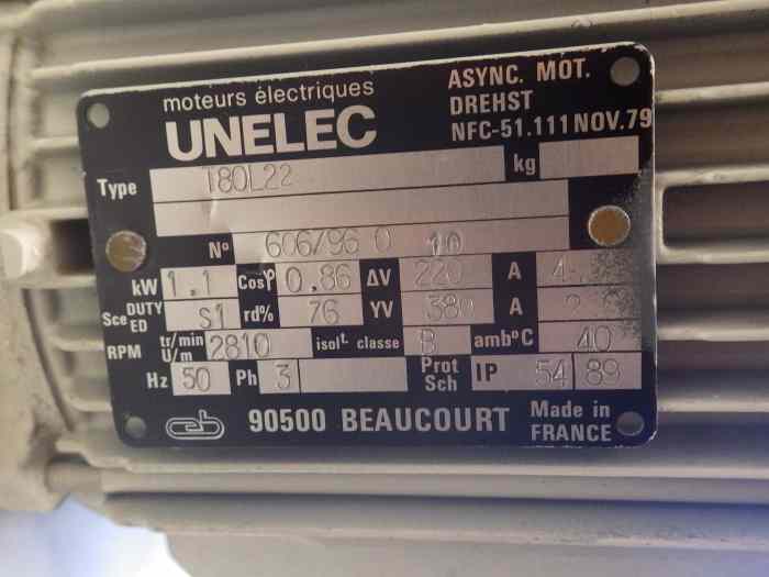 Moteur électrique UNELEC T80L22 50 HZ 3